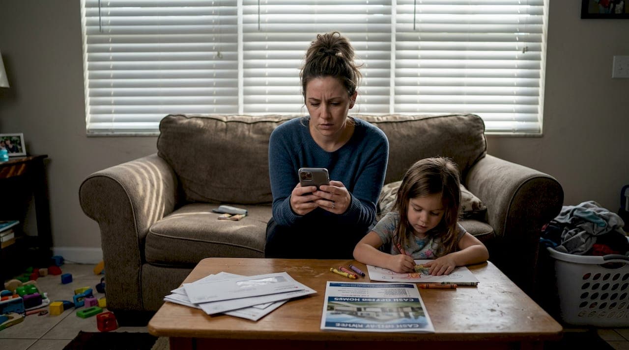 Florida homeowner checks phone about selling home Florida homeowner checks phone about selling home