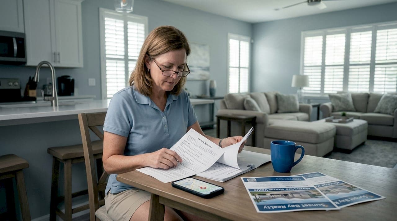 Homeowner reviews real estate paperwork in kitchen