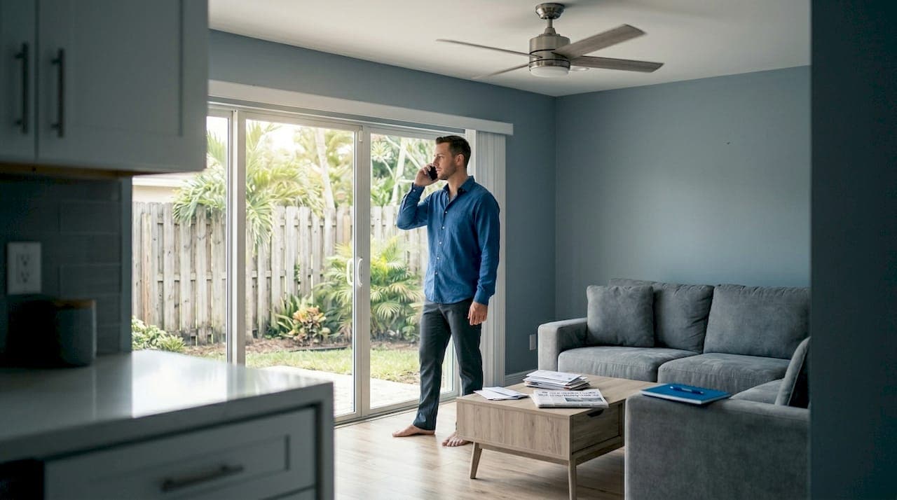 Agent makes real estate call in sunlit living room