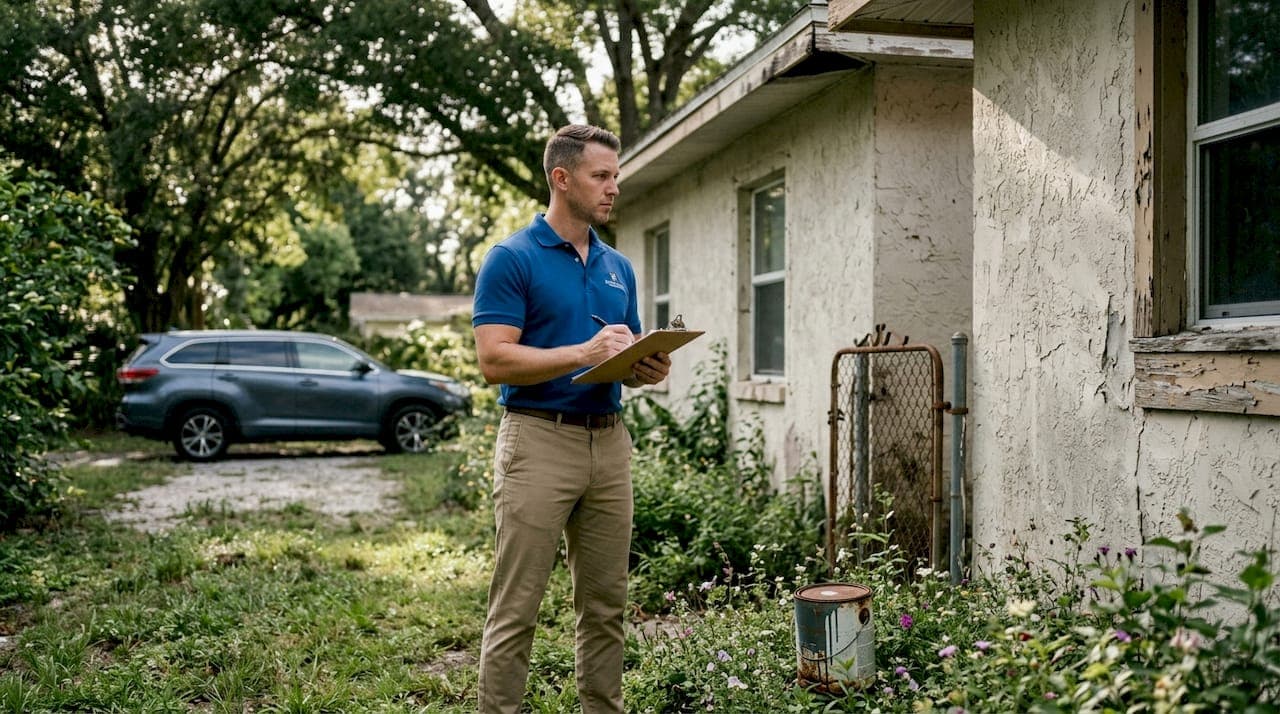 Investor evaluates distressed Florida house exterior