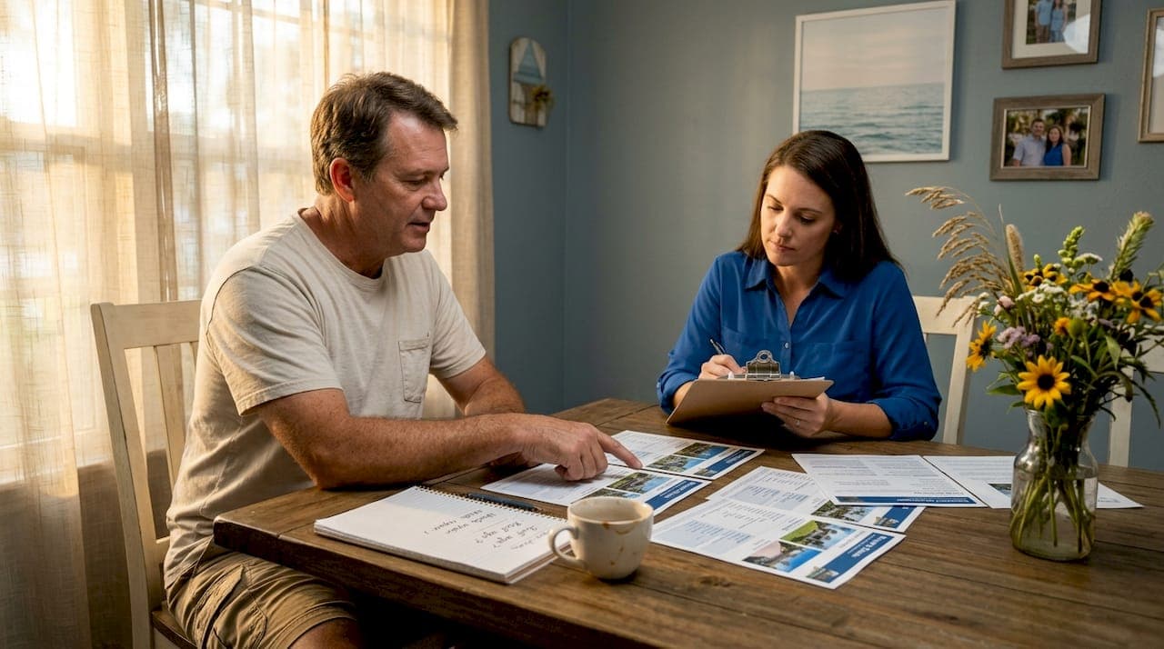 Homeowner and investor discuss home sale at kitchen table