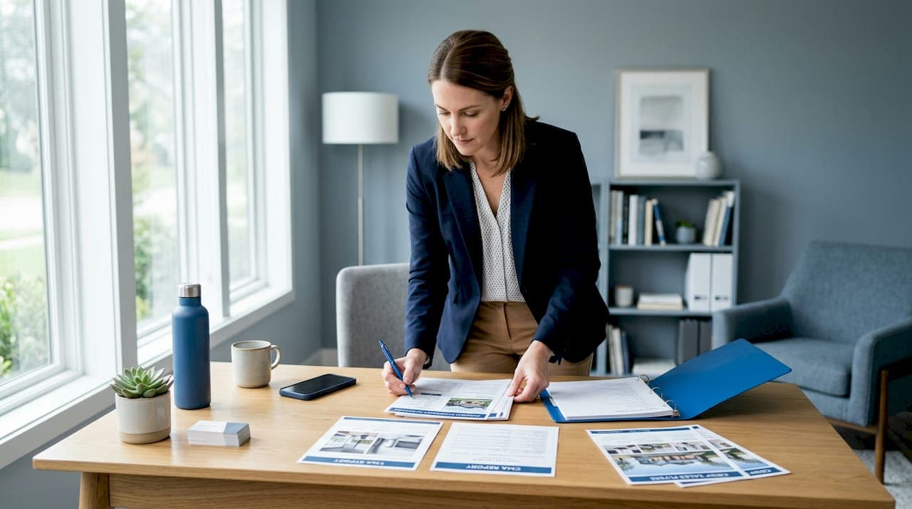 Agent preparing property summary and CMA in office
