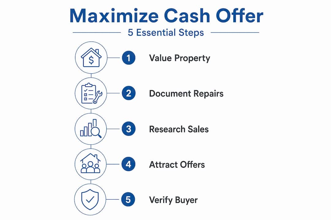 Infographic showing five steps to maximize property cash offer