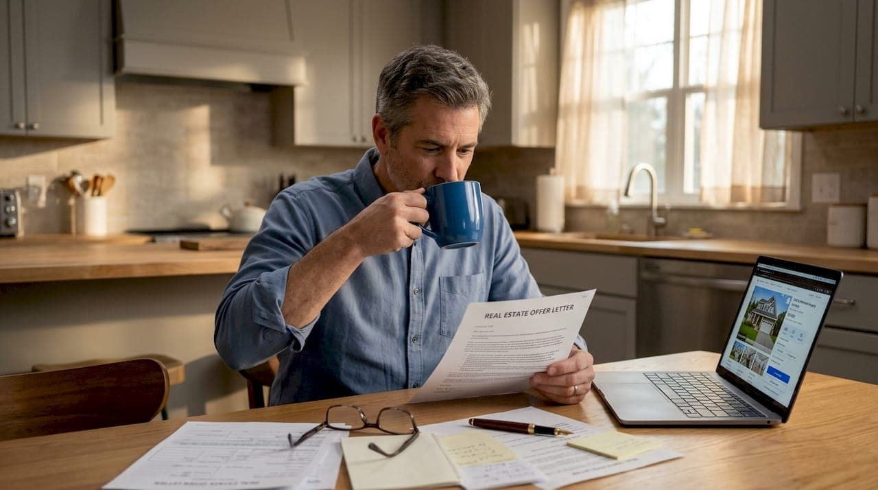Homeowner reading real estate offer letter