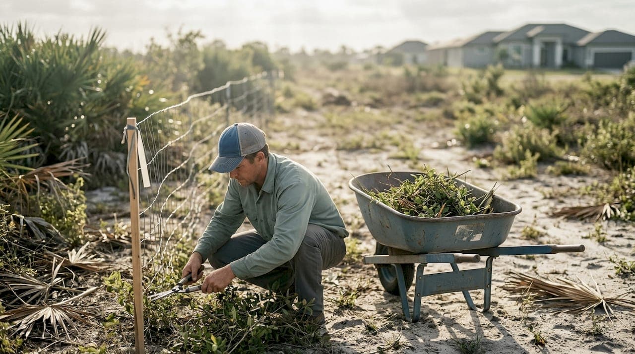 Worker clearing brush on rural Florida lot