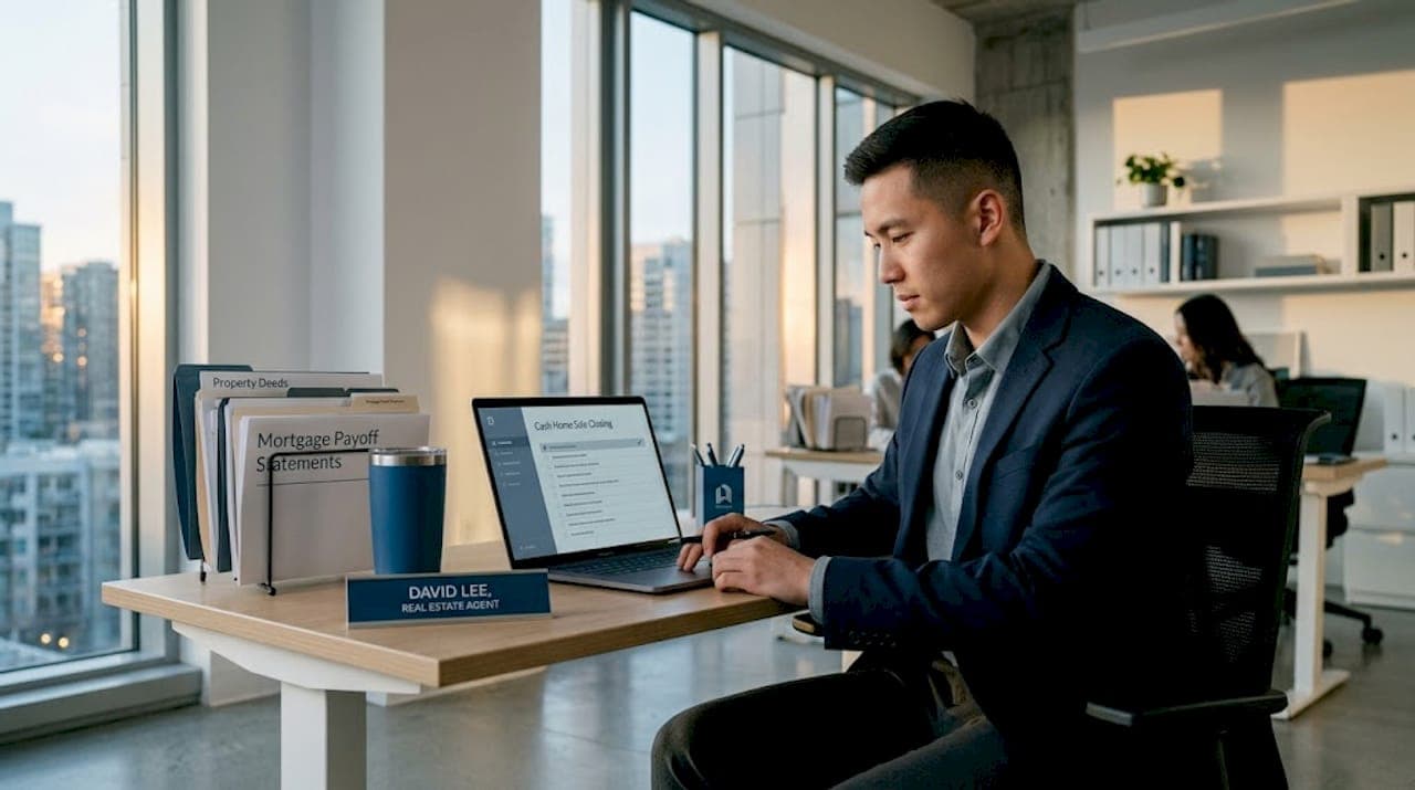 Agent organizing cash home sale documents