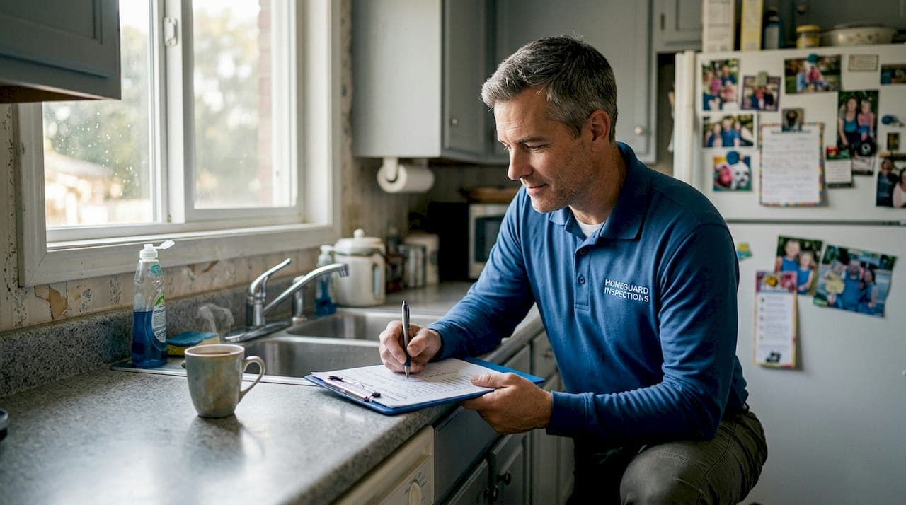 Inspector recording notes in worn kitchen