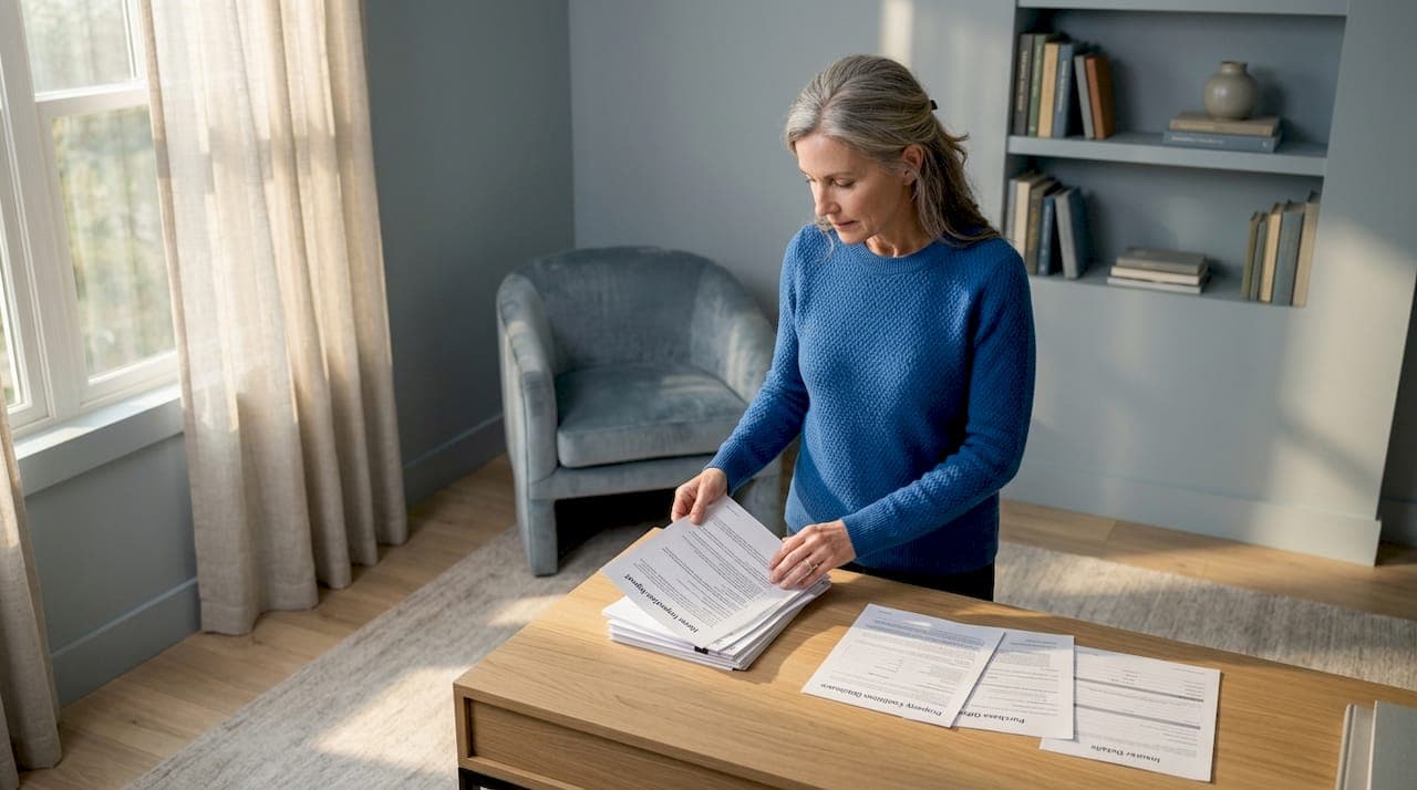 Homeowner sorting paperwork in living room