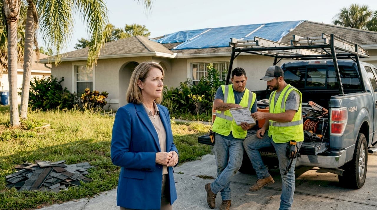 Roofing contractors inspecting hurricane damage