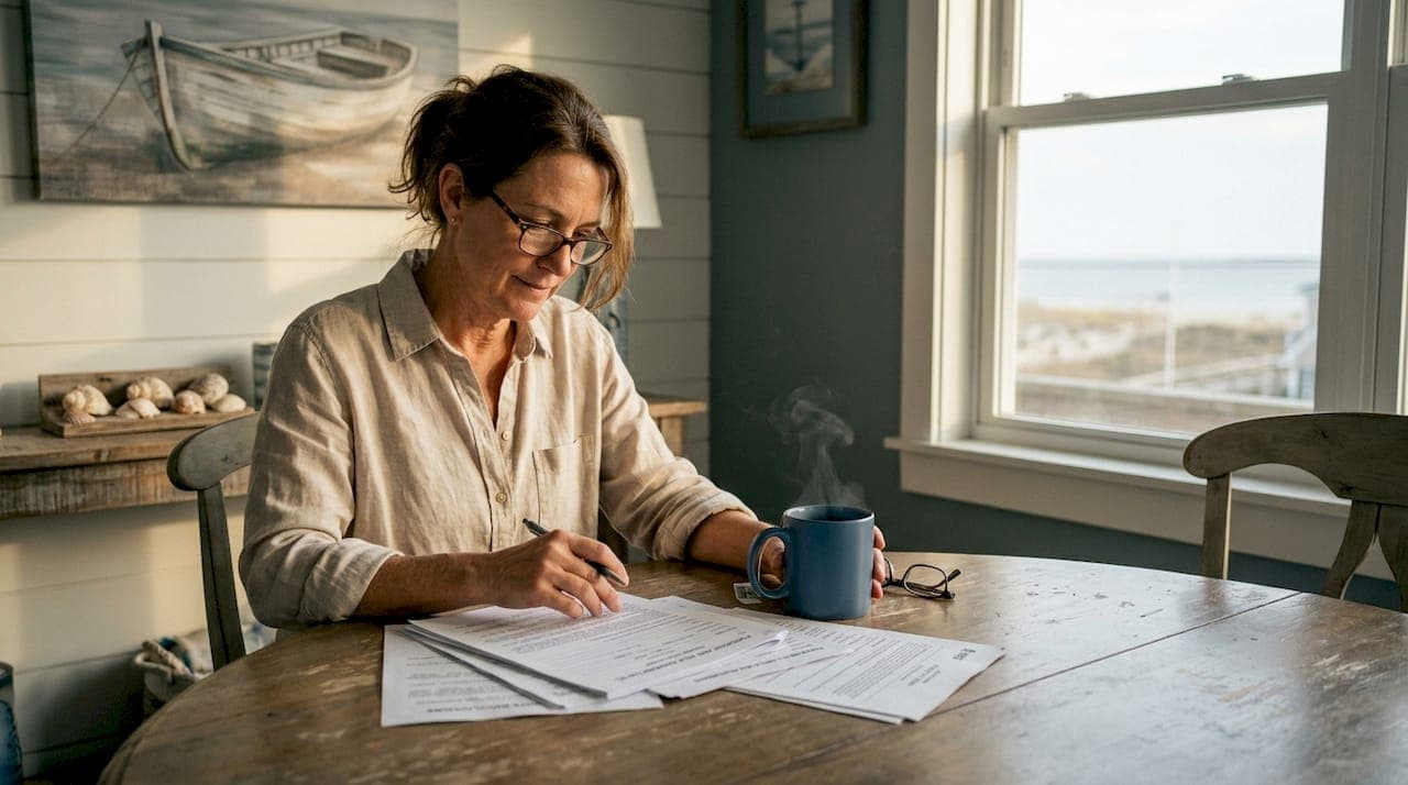 Homeowner reviewing paperwork at kitchen table