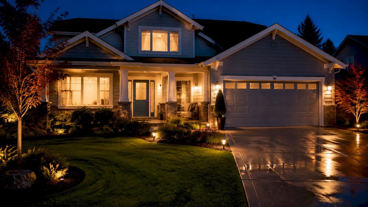Twilight photo of vacant home with warm lights