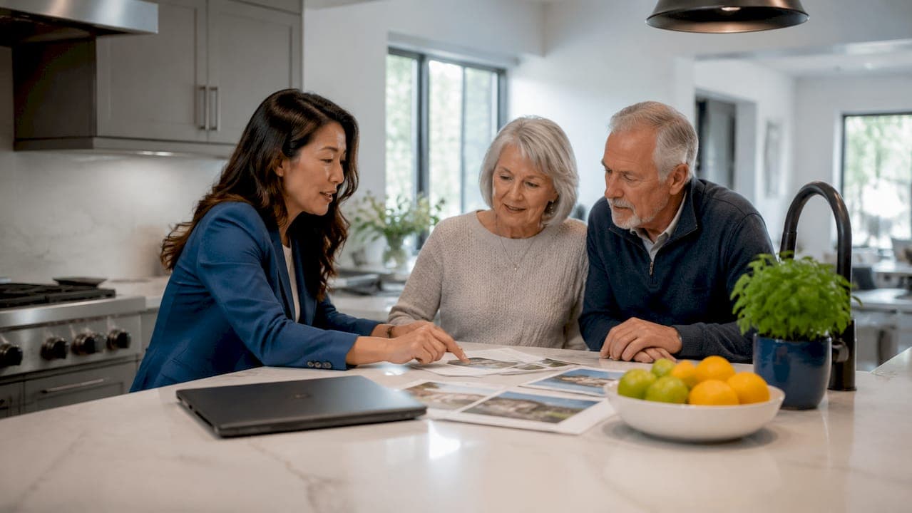Real estate agent consulting senior couple in sitting room
