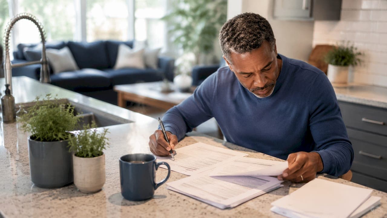Homeowner reviewing cash buyer documents at kitchen table