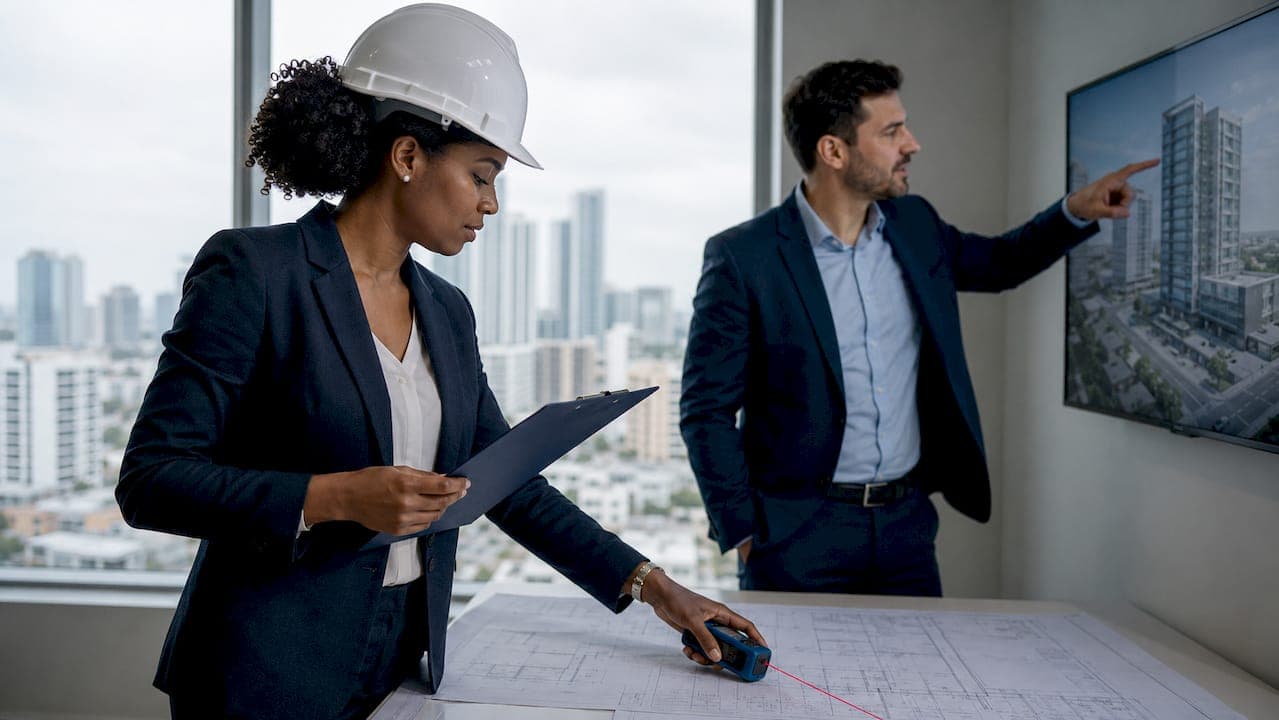 Structural engineer assessing commercial building exterior
